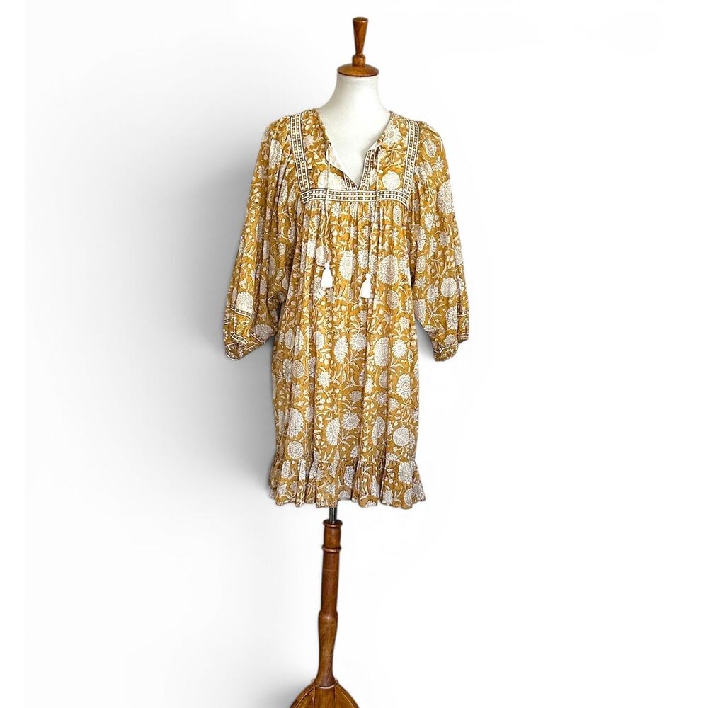 Cleobella Peasant Mini Dress Mustard Block Print Tassel Cotton Size L/M
